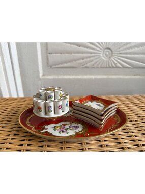 Vintage 50's Dresdan Porcelain Smoking Set Ciggeratte Tube Stand ,Tray Ashtrays